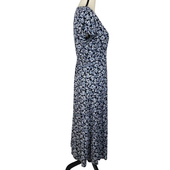 Perceptions NY SZ 8 A-Line Midi Dress Floral Cap Sleeve Empire Waist V-Neck Blue - Picture 3 of 10
